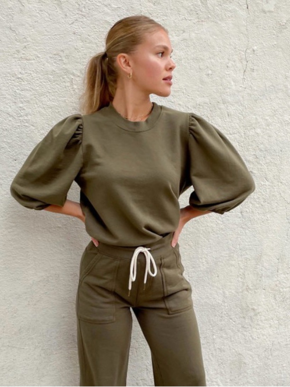 Etica Olive Green Puff-Sleeve Sweatshirt
